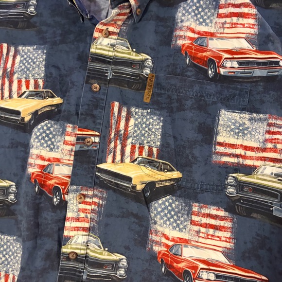 North River Button Down Shirt Mens XXL Blue American Flag Muscle Cars  Country - Picture 4 of 9